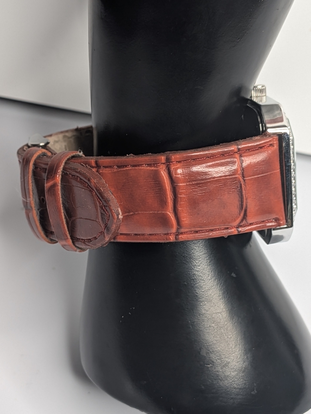 Vintage Activa Watch Swiss Rhinestone Crystal Bezel Brown Faux Croc Strap 30M - Picture 6 of 11